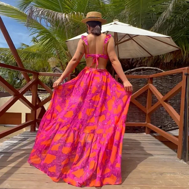 LADIES TWO PIECE SWIMSUIT & SKIRT SET            DARK PINK              (SIZE  S - XL)