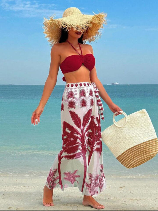 LADIES THREE PIECE BIKINI SWIMWEAR BEACHWEAR SET              RED / YELLOW-ORANGE / DARK GREEN / BLUE            (SIZE  S - XL)