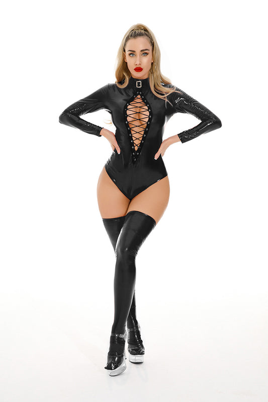 LADIES LONG SLEEVE PU LEATHER TEDDY LINGERIE               BLACK / RED             (SIZE  S - 3XL)