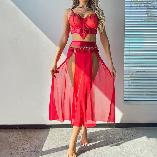 LADIES THREE PIECE BRA & SKIRT LINGERIE SET                    RED                 (SIZE  S - XL)
