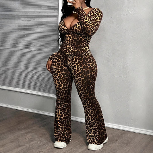 LADIES PLUS SIZE LEOPARD PRINT TWO PIECE PANTS & TOP SET              (SIZE  L - 4XL)