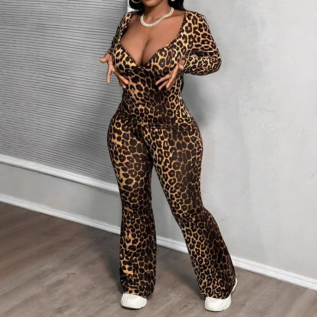 LADIES PLUS SIZE LEOPARD PRINT TWO PIECE PANTS & TOP SET              (SIZE  L - 4XL)