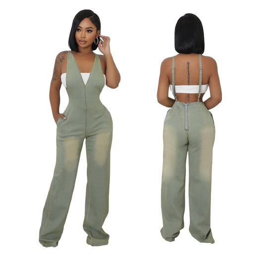LADIES LONG DENIM JUMPSUIT         LIGHT  YELLOW-STAINED DENIM                  (SIZE  S - 2XL)