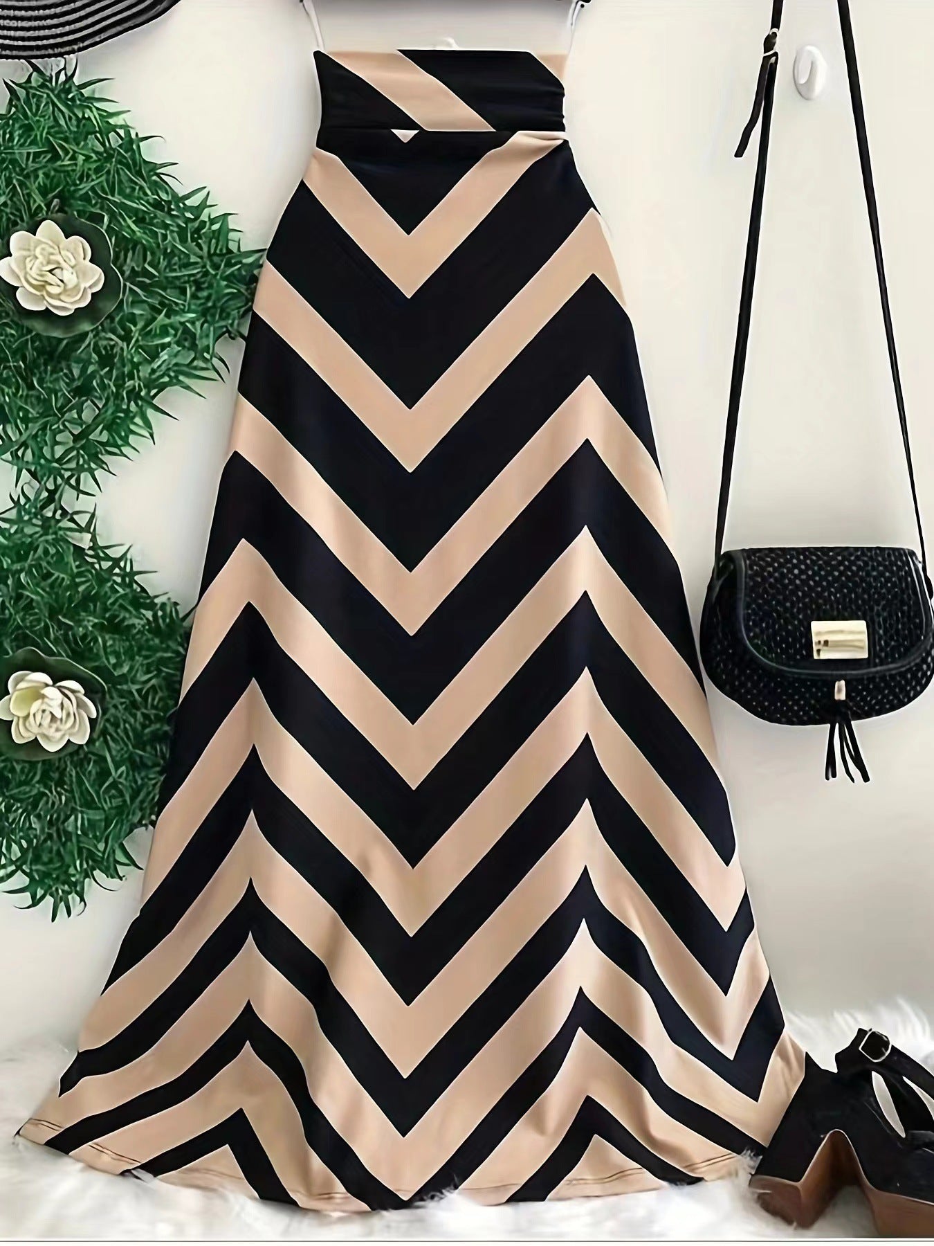 LADIES LONG SKIRT                   APRICOT-BEIGE & BLACK                    (SIZE  S - 2XL)