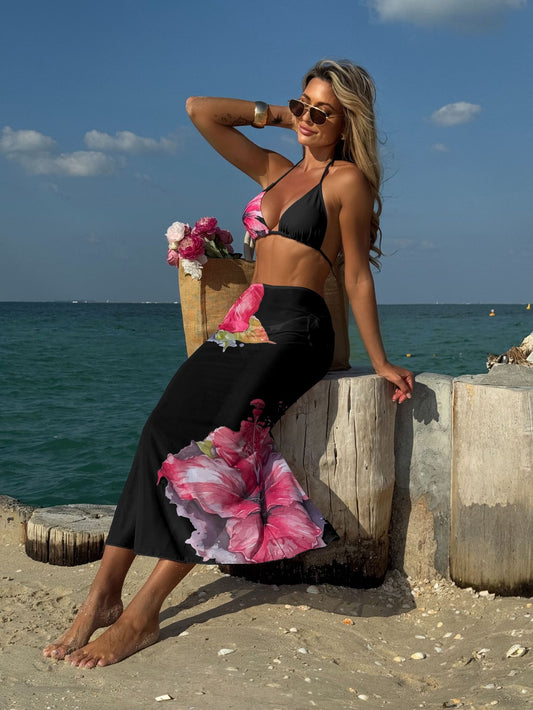 LADIES THREE PIECE BIKINI BEACHWEAR SWIMWEAR & SKIRT SET                   BLACK / WHITE               (SIZE  S - L)