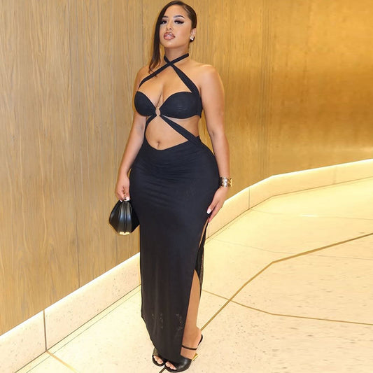 LADIES HALTERNECK BODYCON DRESS                  BLACK                 (SIZE  S - L)