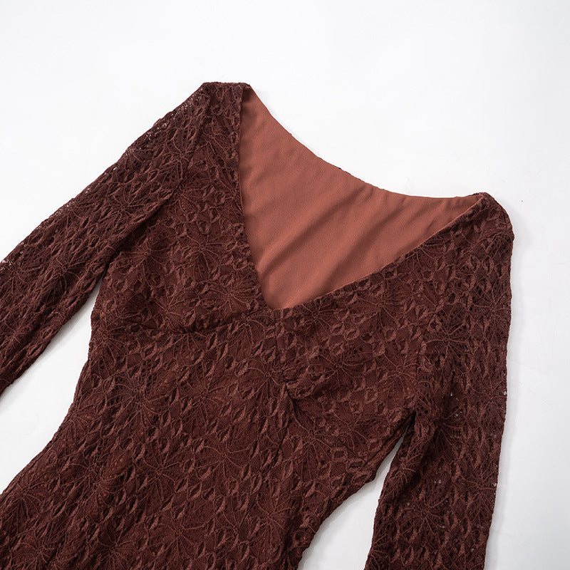 LADIES LONG SLEEVE LACE MINI DRESS               BROWN                (SIZE  S - L)