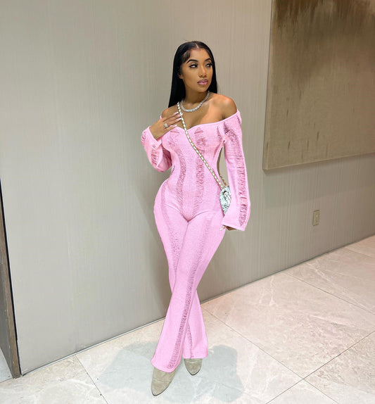 LADIES LONG SLEEVE JUMPSUIT                  PINK / APRICOT-BEIGE                  (SIZE  XS - 2XL)