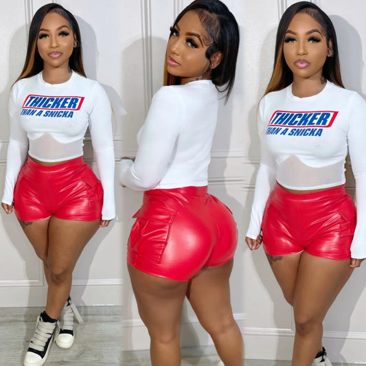 LADIES STRETCHY PU LEATHER SHORTS               RED / PINK / BLUE / BROWN             (SIZE  S - 2XL)