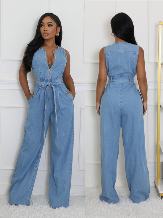LADIES LOOSE DENIM JUMPSUIT WITH ELASTIC WAIST                   BLUE DENIM                (SIZE  S - 2XL)