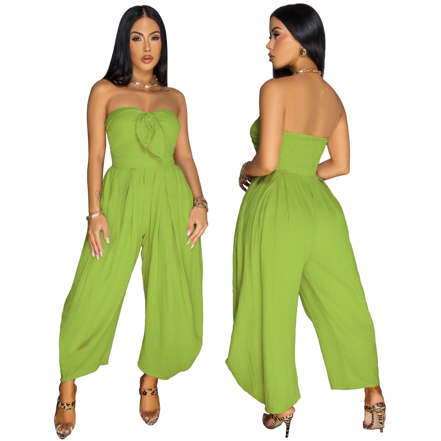 LADIES STRAPLESS JUMPSUIT                     APRICOT-BEIGE / BLACK / GREEN                     (SIZE  S - 2XL)