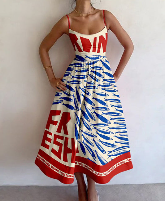 LADIES CASUAL LONG DRESS                  RED & BLUE MULTI                   (SIZE  S - XL)