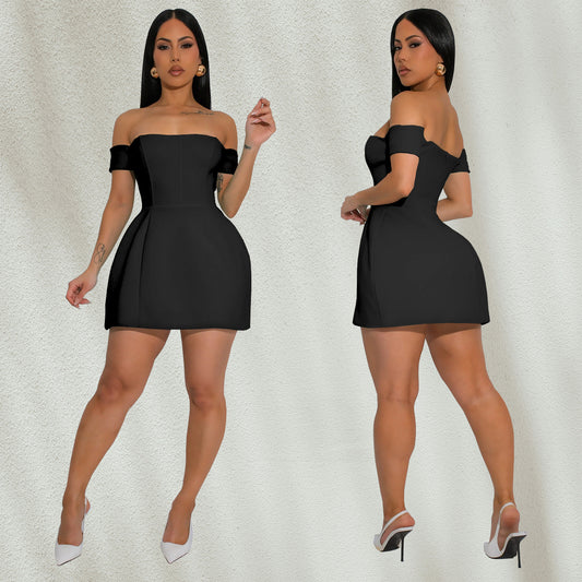 LADIES OFF THE SHOULDER MINI DRESS                   BLACK                     (SIZE  S - 2XL)
