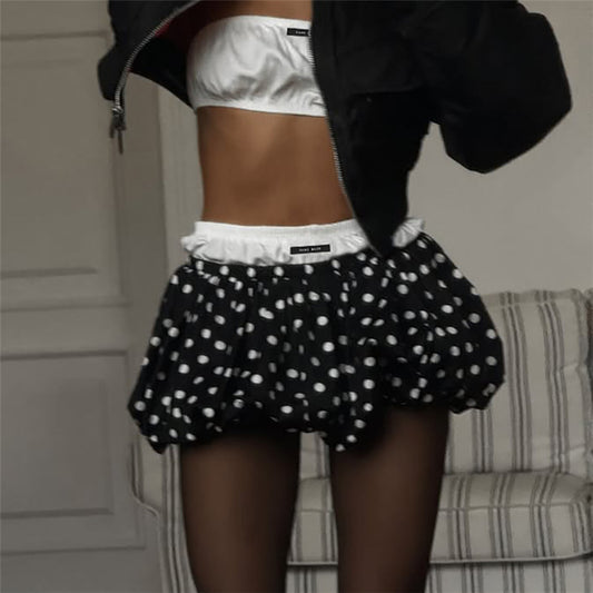 LADIES SHORT MINI SKIRT         BLACK & WHITE POLKA              (SIZE  S - L)
