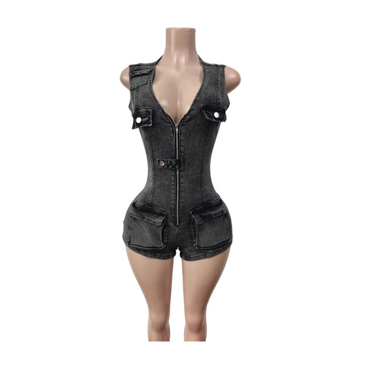 LADIES ONE PIECE JUMPSUIT ROMPER PLAYSUIT                     DENIM BLACK                   (SIZE  S - 2XL)
