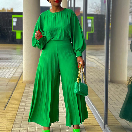 LADIES TWO PIECE WIDE LEG PANTS & TOP SET                    GREEN / YELLOW / WHITE / BLUE                (SIZE  S - 3XL)