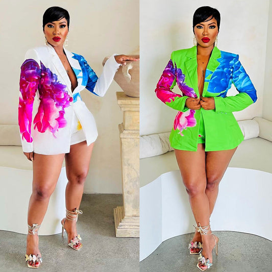 LADIES PRINTED BLAZER & SHORTS SET                      WHITE / GREEN                  (SIZE  S - 3XL)