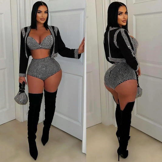LADIES THREE PIECE SHORTS SET                          BLACK                      (SIZE  S - 3XL)