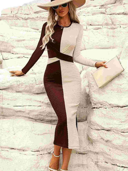 LADIES LONG SLEEVE DRESS                   COFFEE-BEIGE                     (SIZE  S - XL)