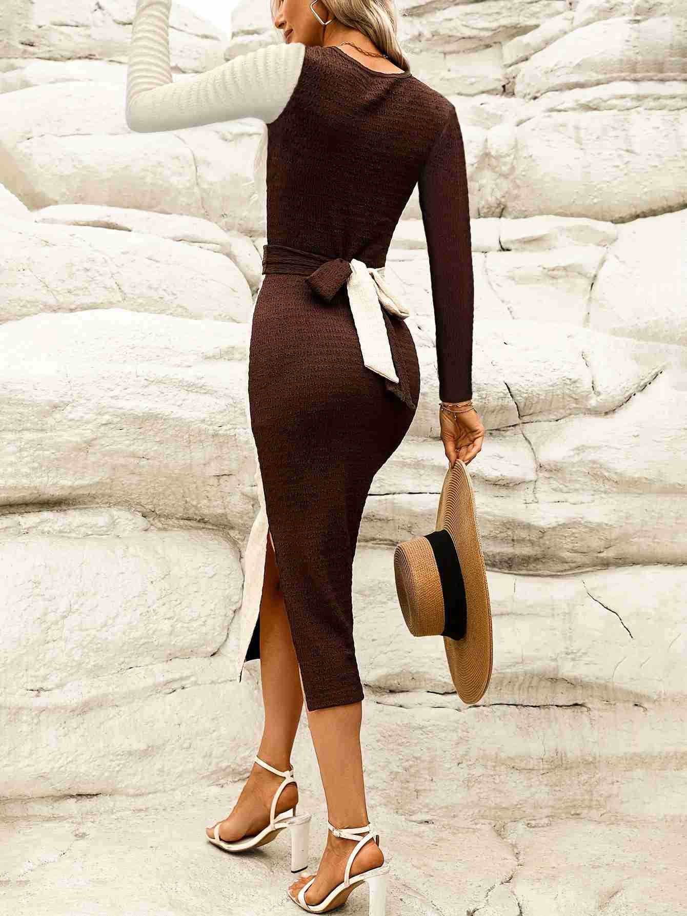 LADIES LONG SLEEVE DRESS                   COFFEE-BEIGE                     (SIZE  S - XL)