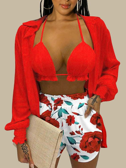 LADIES THREE PIECE SWIMWEAR COVER UPS & SHORTS                    RED                      (SIZE  S - 2XL)