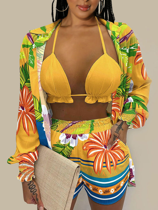 LADIES THREE PIECE SWIMWEAR COVER UP & SHORTS SET                  YELLOW               (SIZE  S - 2XL)