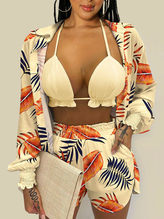 LADIES THREE PIECE SWIMWEAR COVER UP & SHORTS SET                  LIGHT YELLOW-KHAKI                (SIZE  S - 2XL)