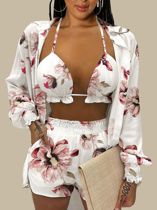 LADIES THREE PIECE SWIMWEAR COVER UPS & SHORTS                    WHITE                   (SIZE  S - 2XL)