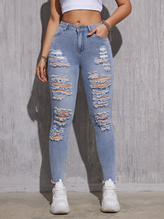 LADIES DISTRESSED DENIM JEANS                    BLUE DENIM                     (SIZE  XS - 2XL)