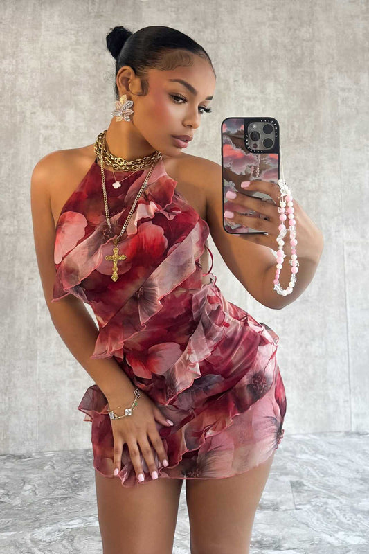 LADIES SEXY MINI DRESS                 RED / DARK BROWN                  (SIZE  S - XL)