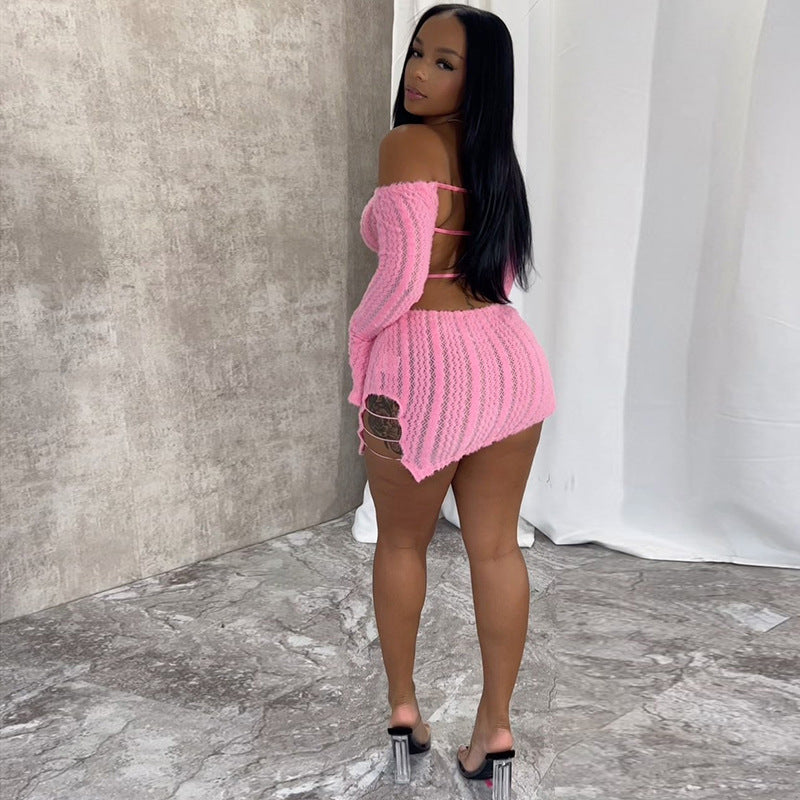LADIES OFF-THE SHOULDER MINI DRESS                 PINK / BLACK                   (SIZE  S - L)