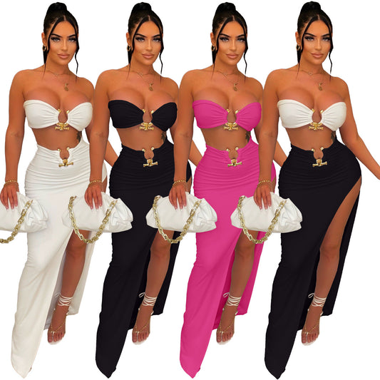 LADIES TWO PIECE SKIRT & TOP SET                 WHITE / BLACK / WHITE & BLACK                 (SIZE  S - 2XL)