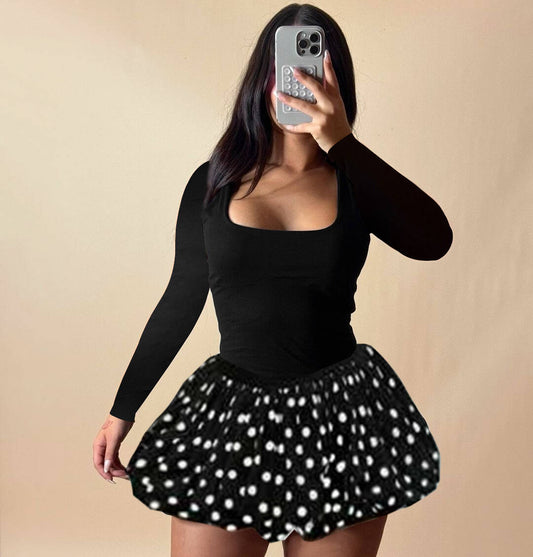 LADIES LONG SLEEVE MINI DRESS                   BLACK & POLKA                  (SIZE  S - XL)