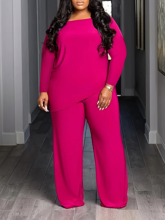 LADIES PLUS SIZE TWO PIECE LONG SLEEVE TOP & PANTS SET                   DARK PINK                 (SIZE  XL - 5XL)