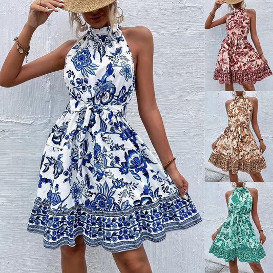 LADIES HALTERNECK SLEEVELESS MINI DRESS                      BROWN / BLUE  / RED / GREEN                (SIZE  S - 2XL)