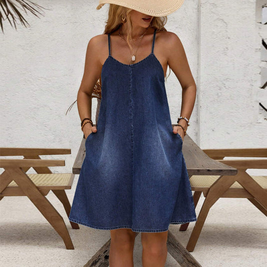 LADIES CASUAL DENIM DRESS                   DARK BLUE DENIM                       (SIZE  S - 2XL)