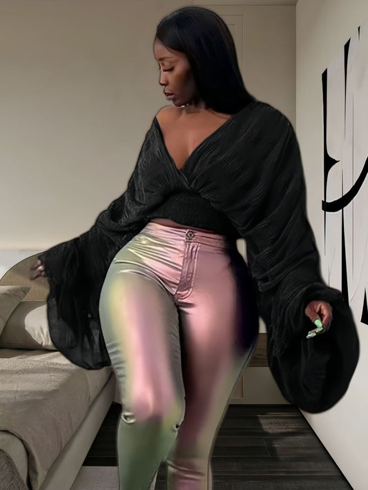 LADIES LONG SLEEVE CROP TOP                 BLACK                (SIZE  S - XL)