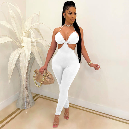 LADIES BACKLESS JUMPSUIT                      WHITE / BLUE                      (SIZE  S - 2XL)