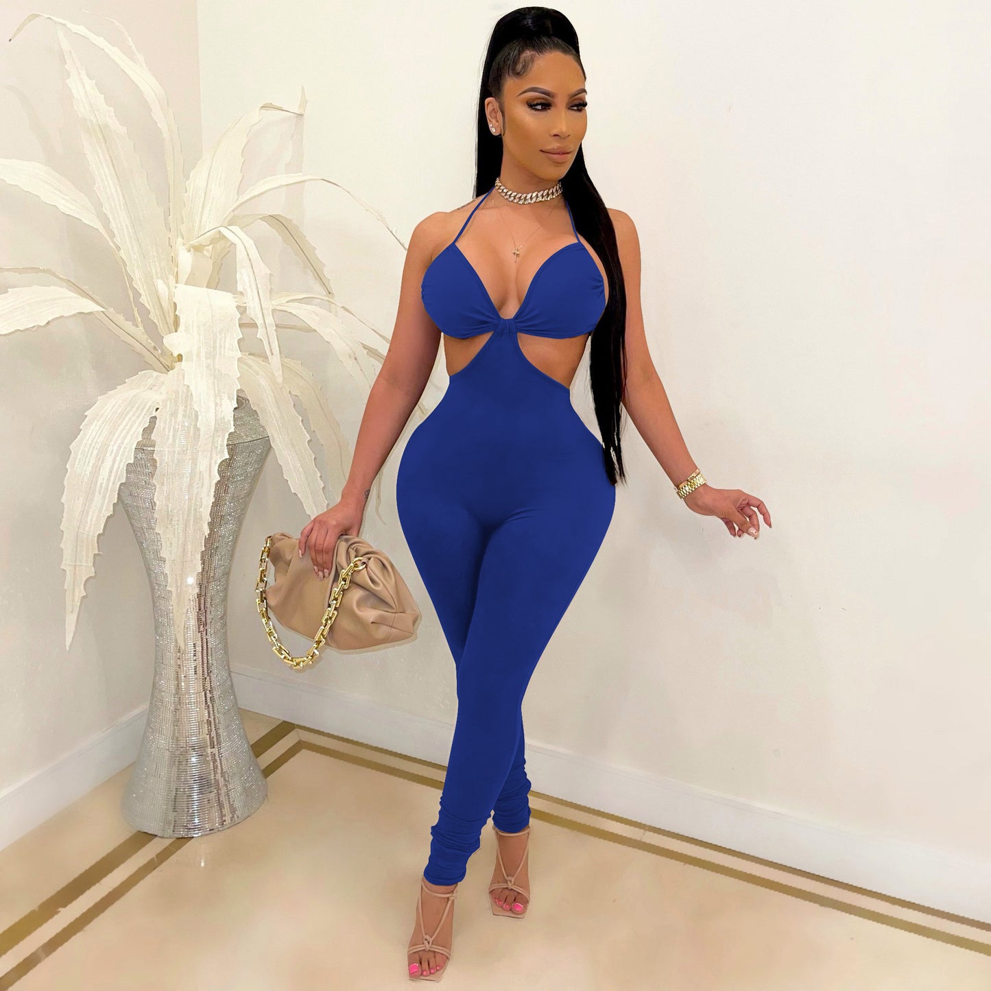 LADIES BACKLESS JUMPSUIT                      WHITE / BLUE                      (SIZE  S - 2XL)