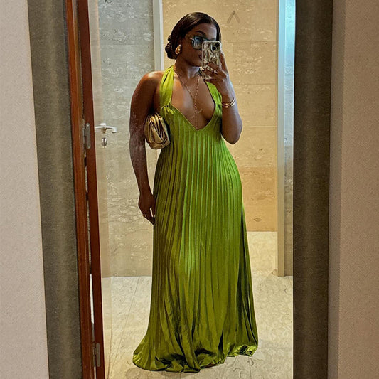 LADIES HALTERNECK V-NECK DRESS               GREEN                  (SIZE  S - 2XL)