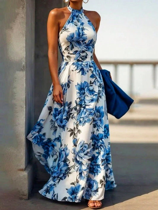 LADIES LONG HALTERNECK DRESS                       BLUE & WHITE                          (SIZE  S - 2XL)