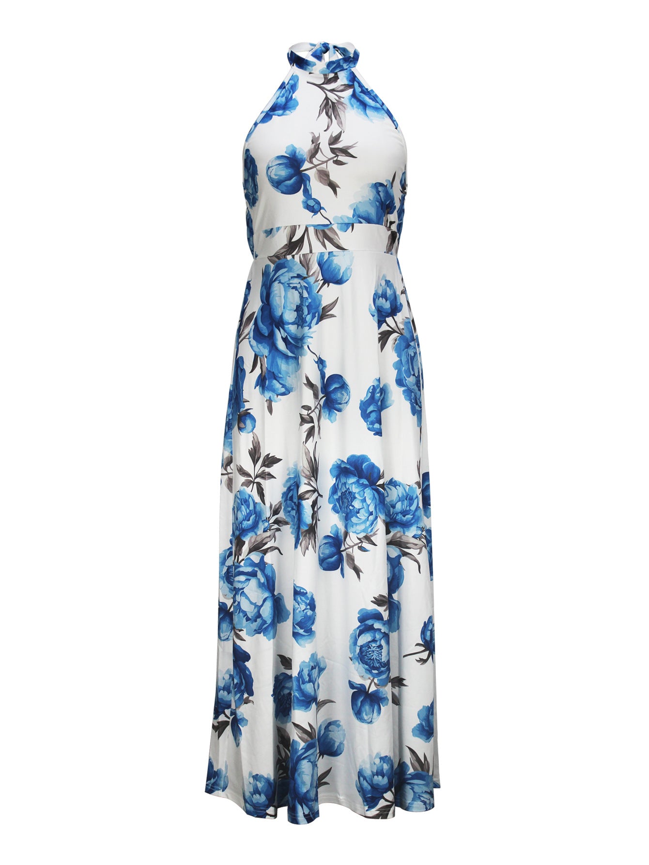 LADIES LONG HALTERNECK DRESS                       BLUE & WHITE                          (SIZE  S - 2XL)