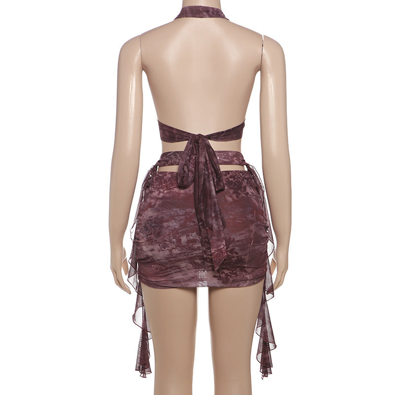 LADIES HALTERNECK MINI DRESS                  COFFEE FLORAL / BROWN                      (SIZE  S - L)