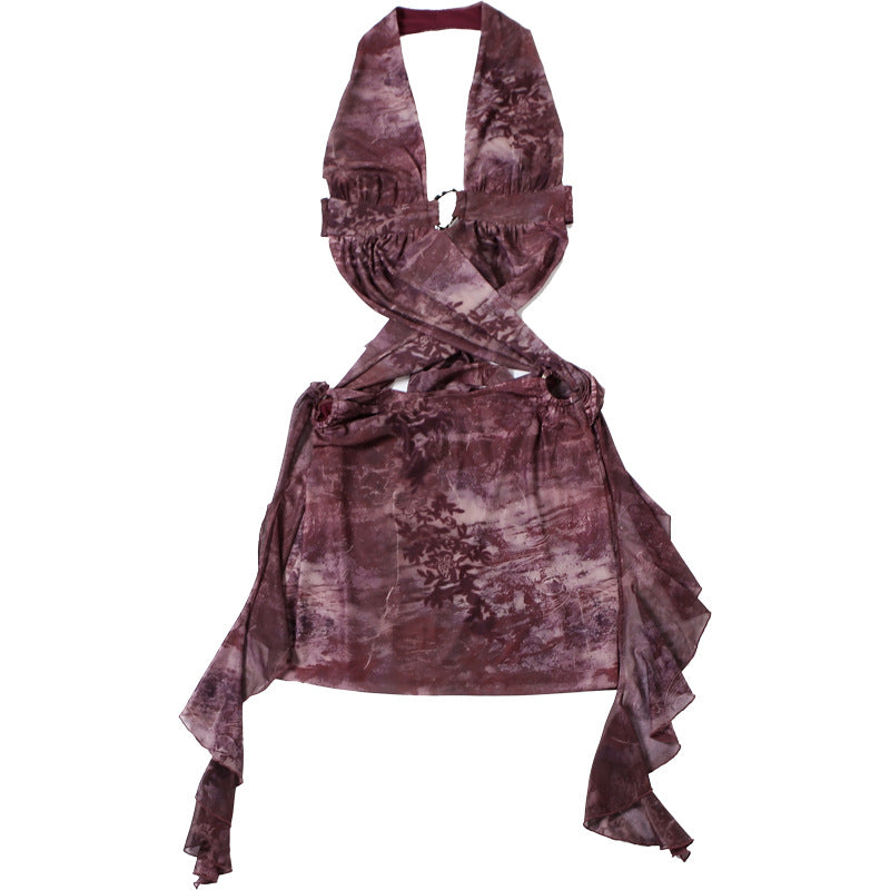 LADIES HALTERNECK MINI DRESS                  COFFEE FLORAL / BROWN                      (SIZE  S - L)