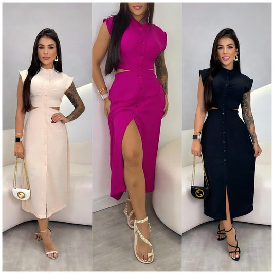LADIES CUT OUT MIDI DRESS                   DARK PINK / BLACK / APRICOT-BEIGE                (SIZE  S - 2XL)