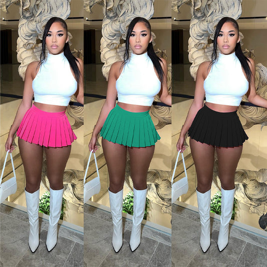LADIES SHORT  PLEATED MINI  SKIRT               PINK / BLACK                     (SIZES:  S - L)