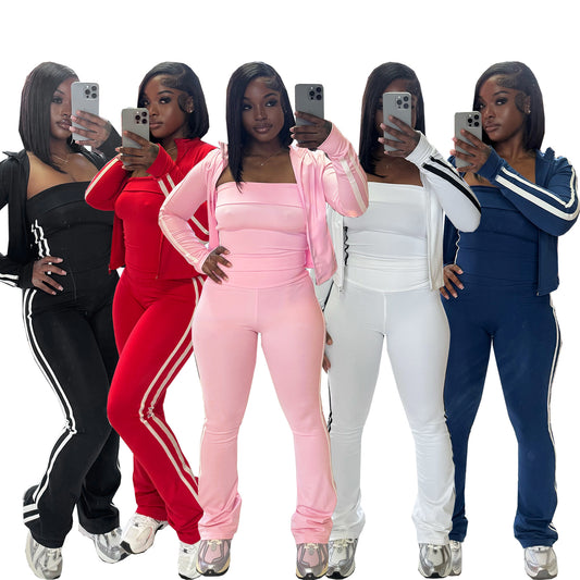LAIES LONG SLEEVE JACKET, SHORT SLEEVE TOP & TROUSERS SET                   WHITE / BLACK / RED / PINK / BLUE                    (SIZE  S - 2XL)