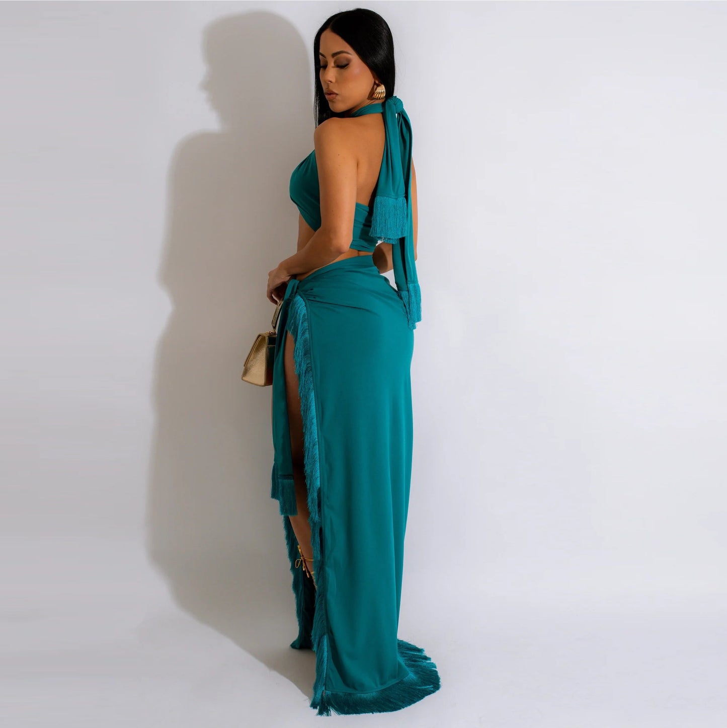 LADIES TWO PIECE BEACHWEAR SKIRT SET                   TURQUOISE / ORANGE / BLUE               (SIZE  S - 2XL)