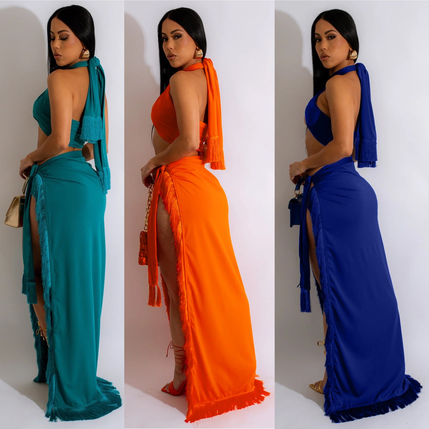 LADIES TWO PIECE BEACHWEAR SKIRT SET                   TURQUOISE / ORANGE / BLUE               (SIZE  S - 2XL)