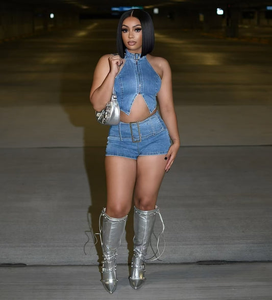 LADIES TWO PIECE DENIM TOP & STRETCHY SHORTS SET                   BLUE DENIM                    (SIZE  S - 2XL)